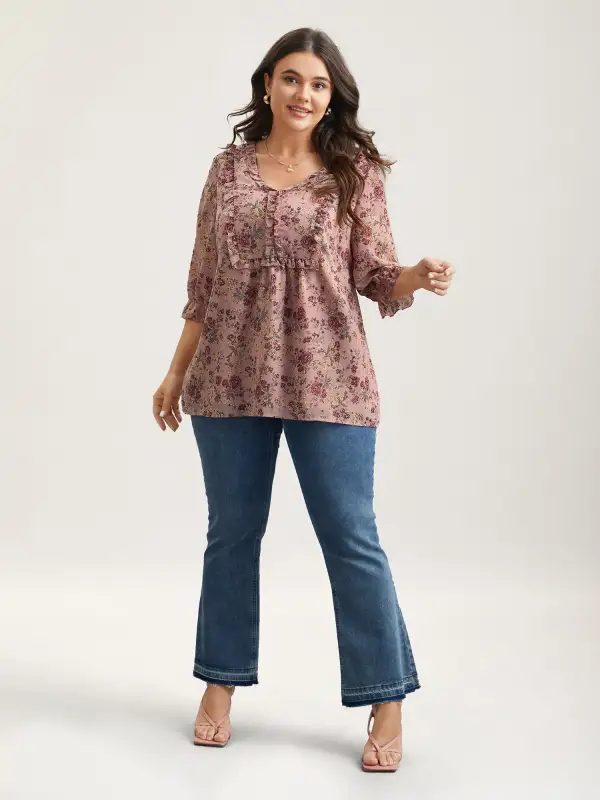 Chiffon Floral Print Ruffled Neck Flowy Shirt