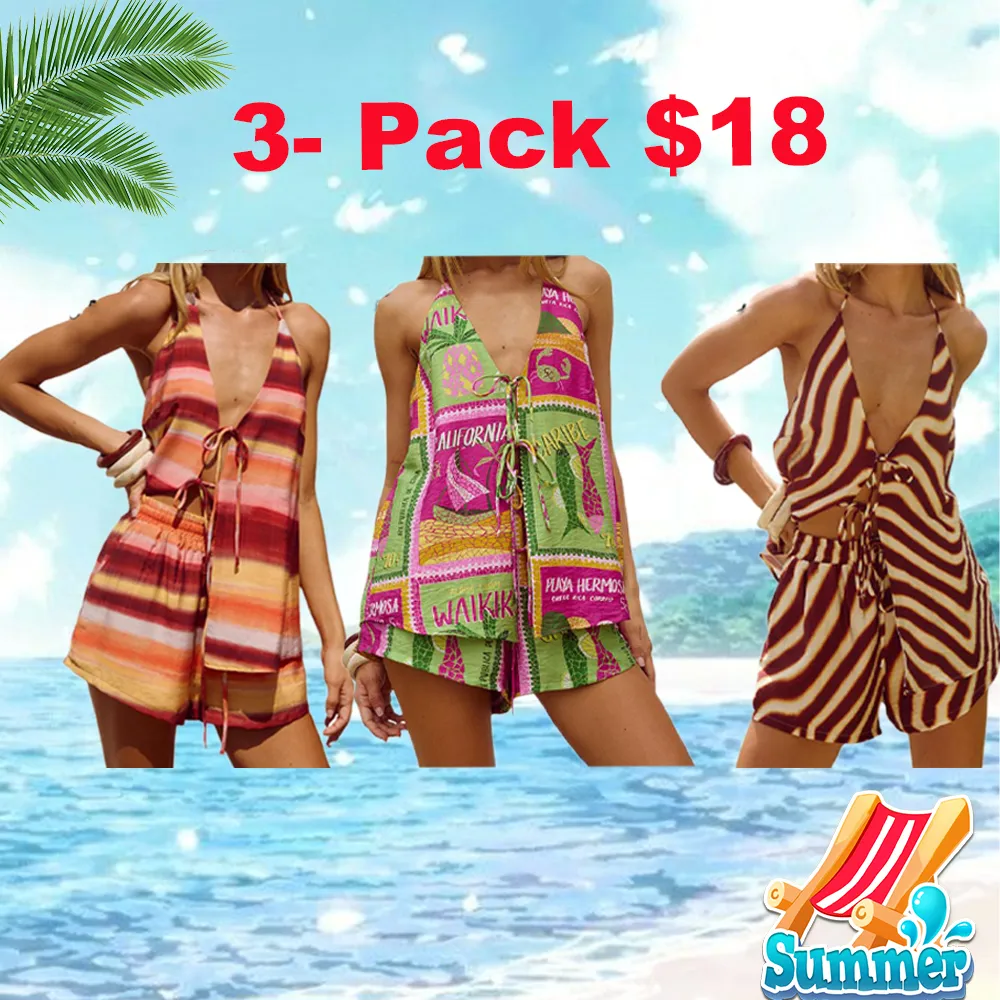 Women Shorts Set, Tree/Stripes Print Tie-up Vest with Shorts Summer Outfit for Party Club