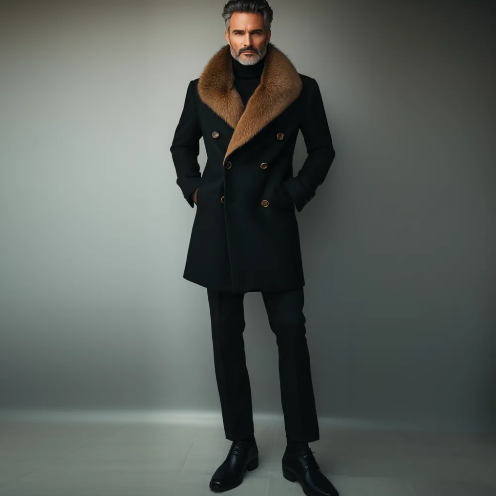 Men's Business Fluffy Lapel Double Breasted Pocket Overcoat