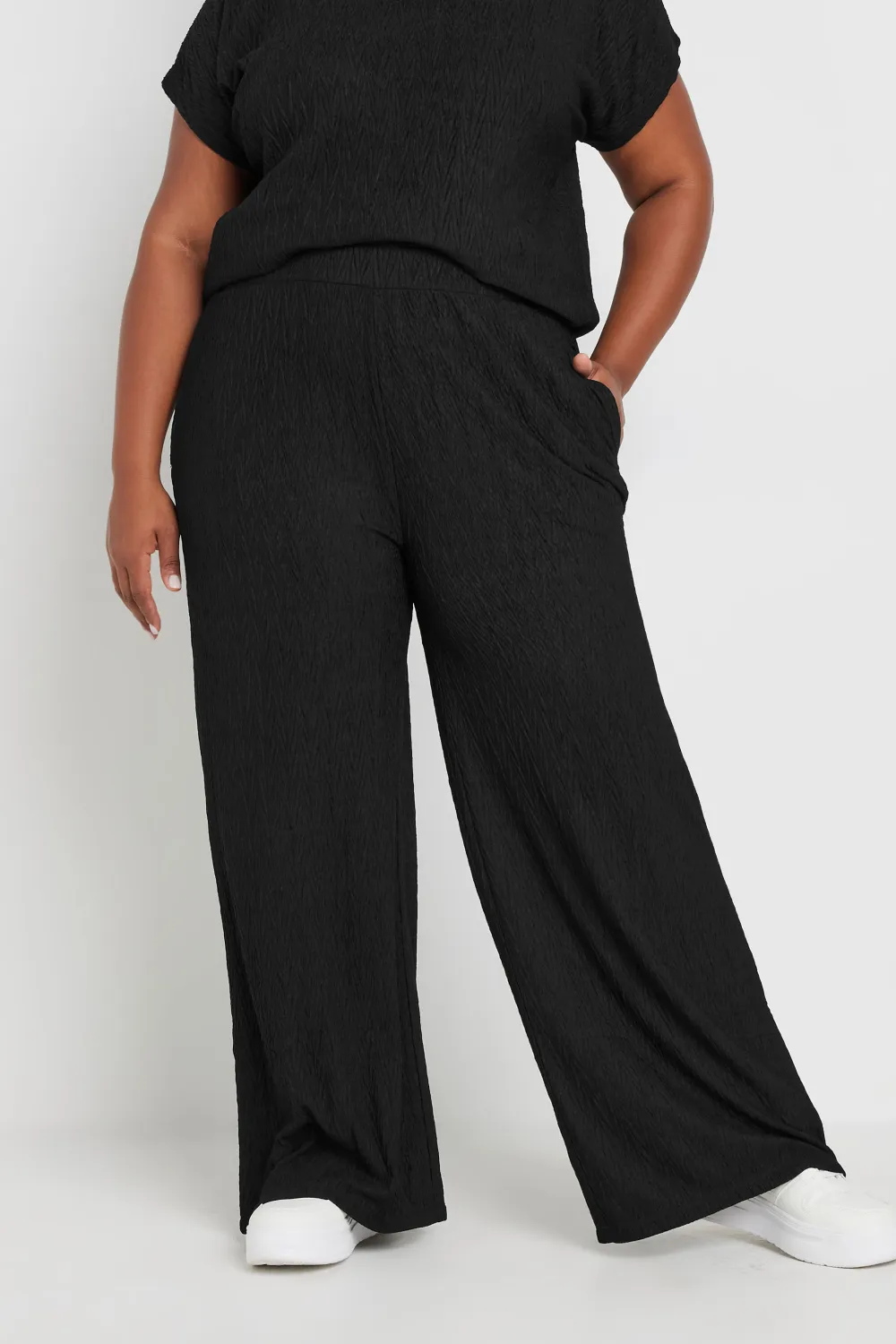 YOURS Curve Pink Crinkle Plisse Wide Leg Trousers