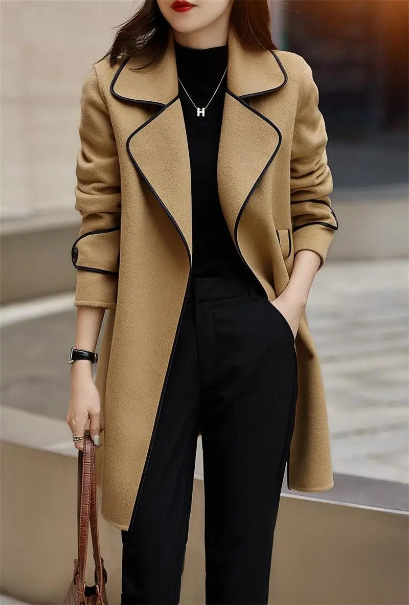 Contrasted trims front tie lapel coat