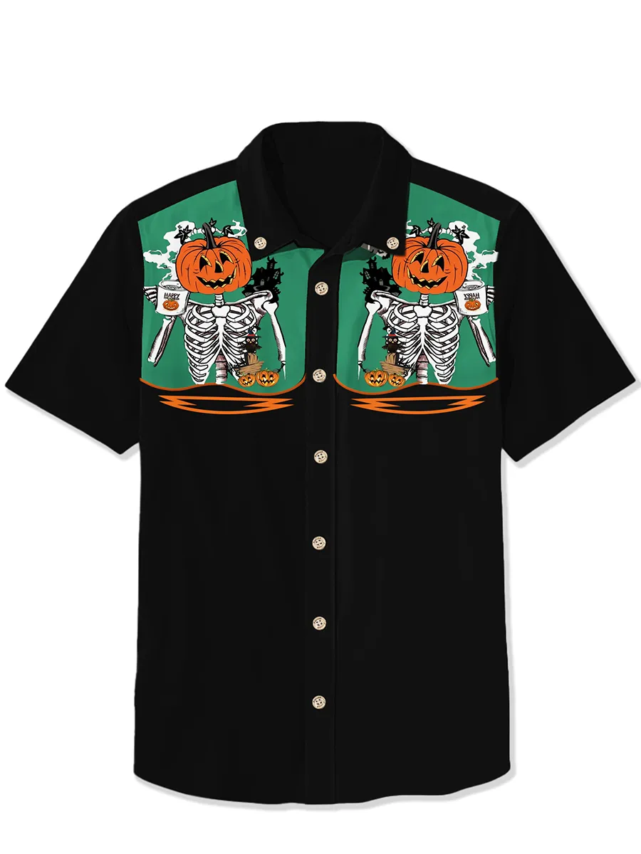 Pumpkin Head And Skeleton Enjoying Coffee Together  Shirt