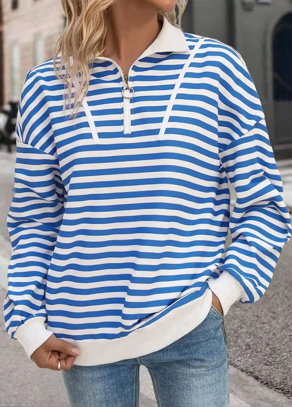 Blue Tummy Coverage Striped Long Sleeve Sweatshirt
