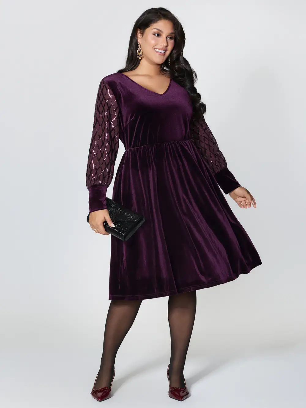 Velvet Sequin Sheer Sleeve Midi Dress