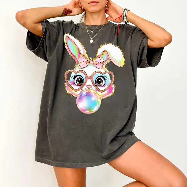 Easter Bunny Printed Round Neck Short Sleeve T-Shirt