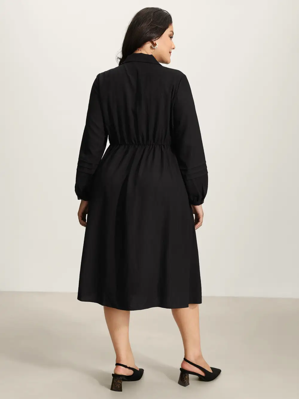Blazer Collar Pleated Sleeve Rayon Midi Dress