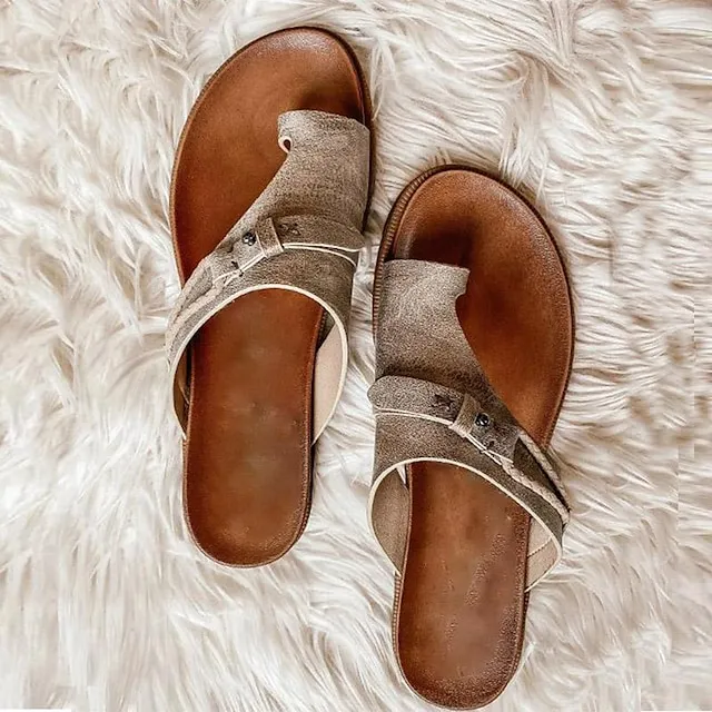 Women's Sandals Orthopedic Sandals Bunion Sandals Plus Size Daily Beach Summer Buckle Flat Heel Casual Faux Leather Loafer Solid Colored Black Brown Gray