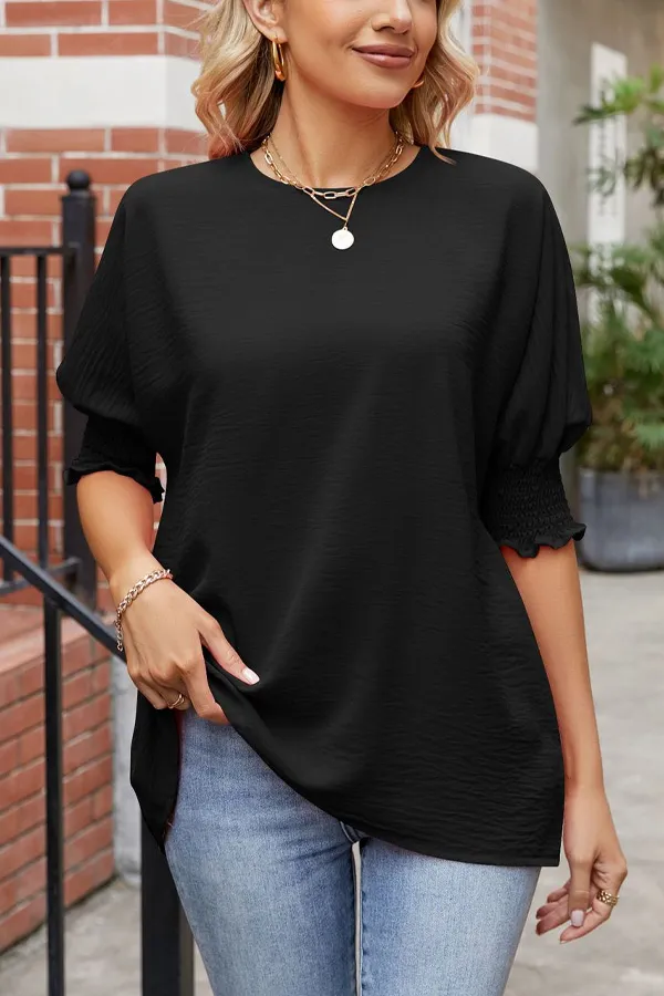 Casual Smocked Sleeve Round Neck Top