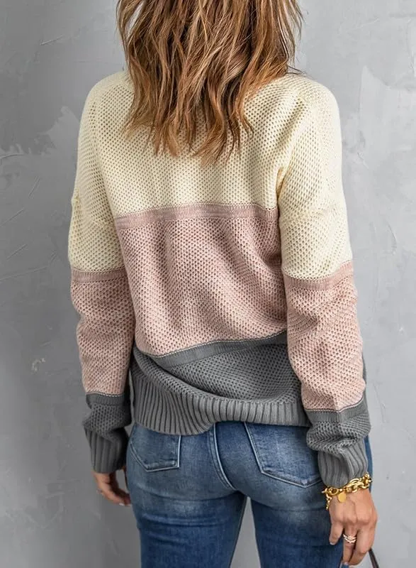 Womens Color Block Sweaters Long Sleeve Crewneck Pullover Knit Jumper Tops
