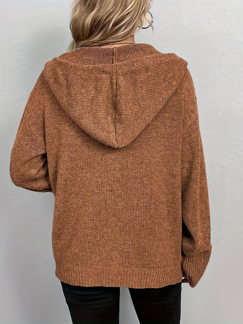 High-Stretch Solid Color Knitted Hooded Long Sleeve Cardigan - Drawstring Closure, Casual Button Front, Regular Fit, Polyester Lining, Perfect for Fall/Winter Season