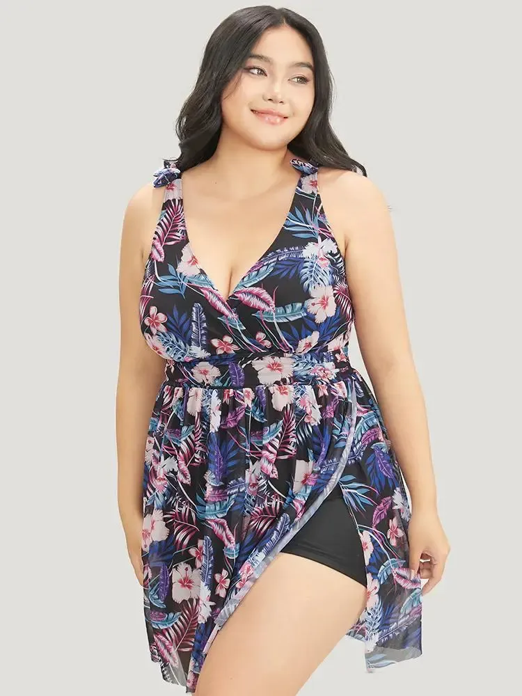 Tropical Print Bow Sculpt Waist Split Swim Dress