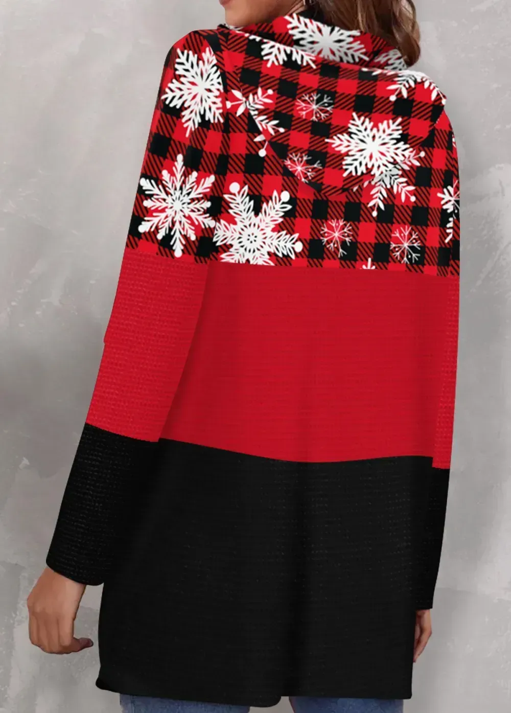 Red Pocket Christmas Print Long Sleeve Hooded Coat