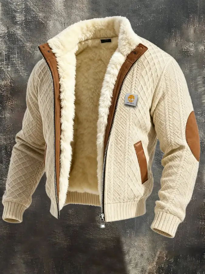 Men's Retro Texture Knitted Jacquard Warm Multi-Pocket Outdoor Jacket