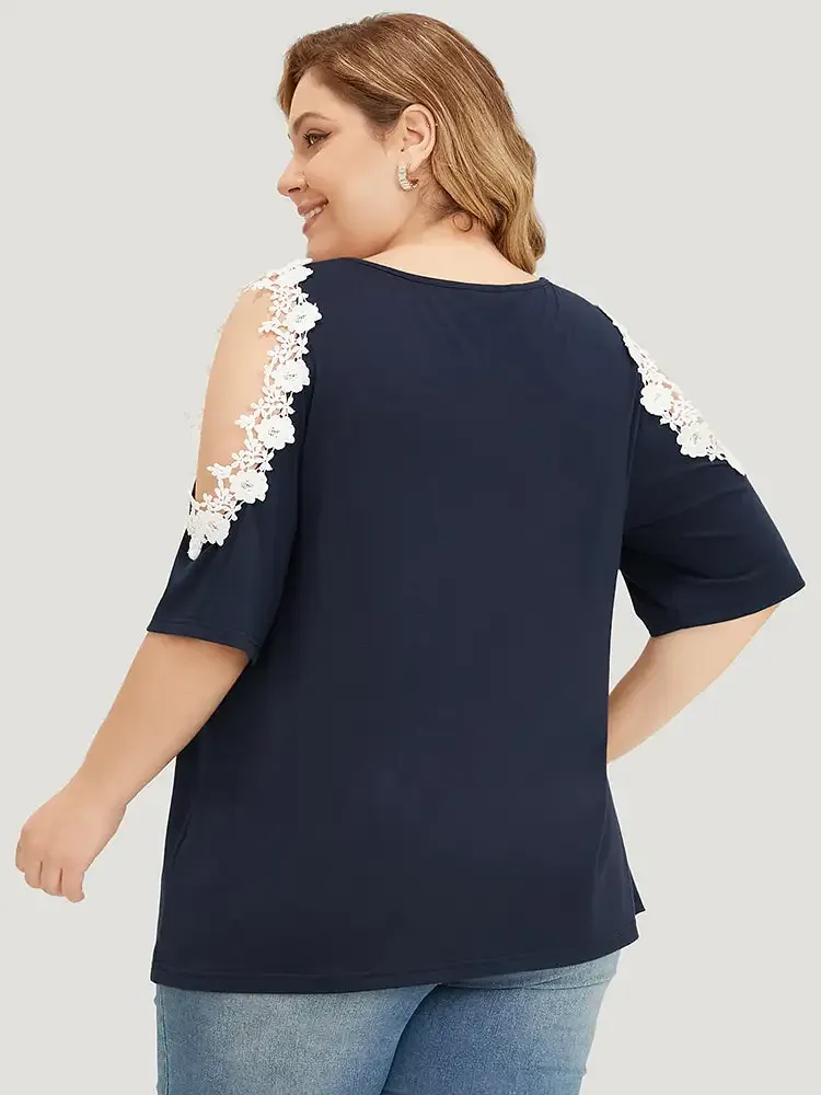 Solid Guipure Lace Cold Shoulder T-shirt