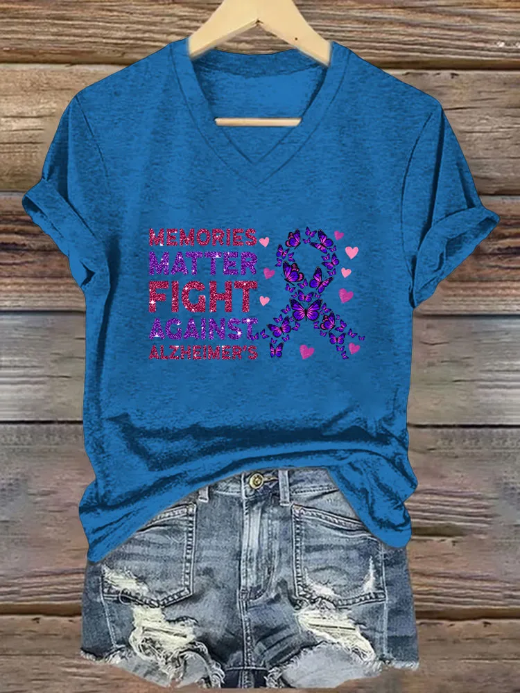 Women's Alzheimer's Print Casual V-Neck T-Shirt