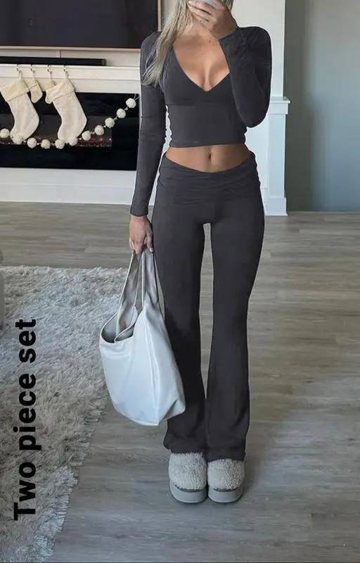 Fall/Winter Elegant 2-Piece Set: Slim-Fit V-Neck Long Sleeve Crop Top & Plain Pants