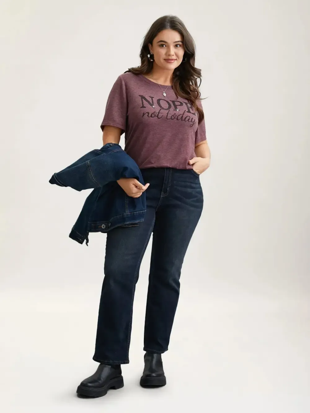 Nope Not Today Print Rhinestone Round Neck T-Shirt