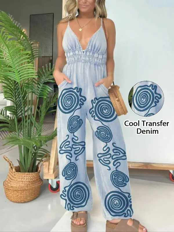 Women's Backless Denim Cami Jumpsuit – Casual Wide-Leg Overalls with Pockets, Minimalist Sleeveless Outfit for Daily & Summer Wear