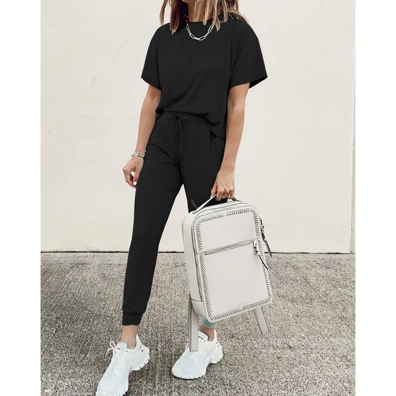Women’s 2-Piece Summer Lounge Set, Short Sleeve Crew Neck Top & Drawstring Joggers with Pockets, Comfy Tracksuit