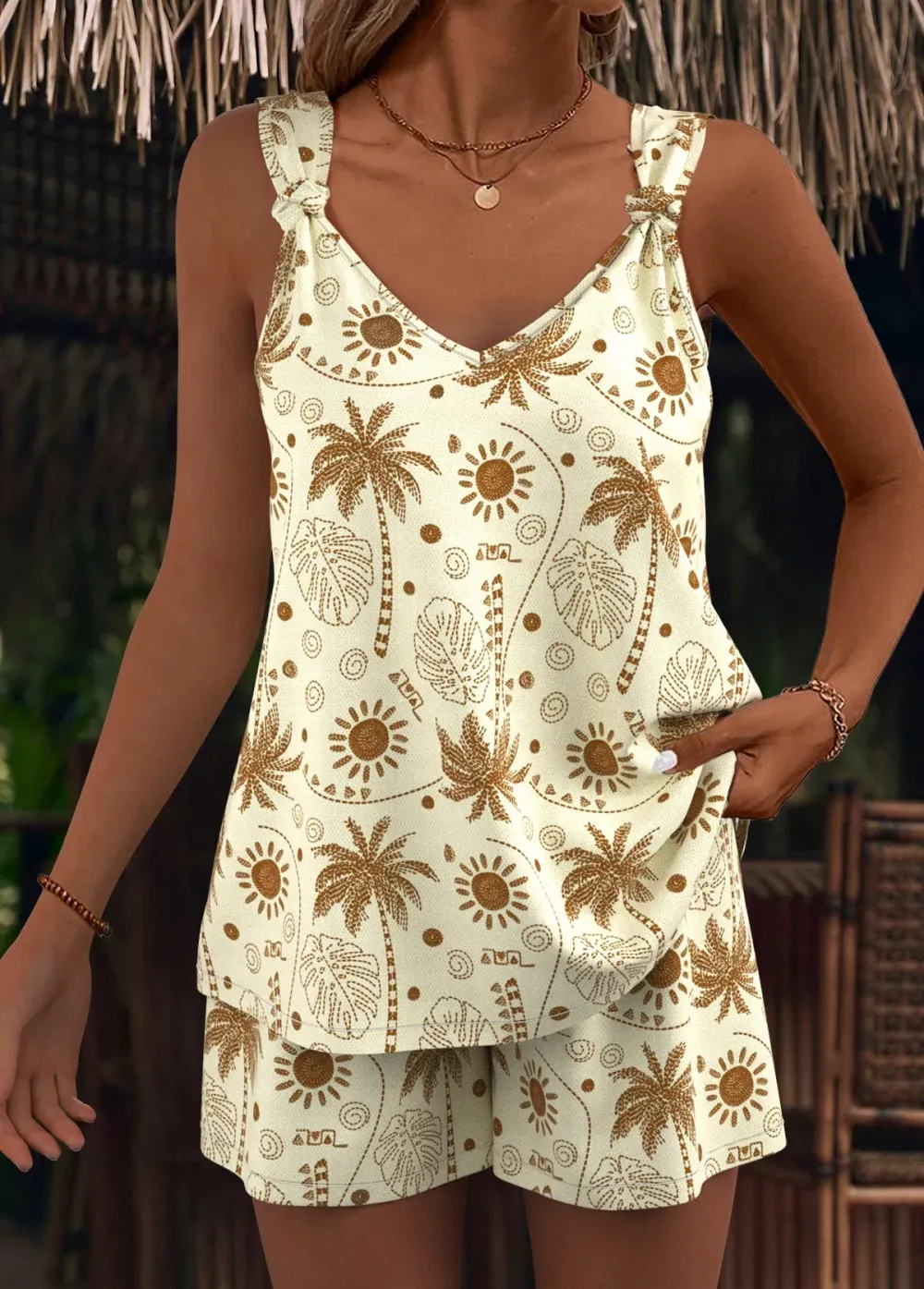 Light Camel Tropical Plants Tank Top and Shorts Co-ords