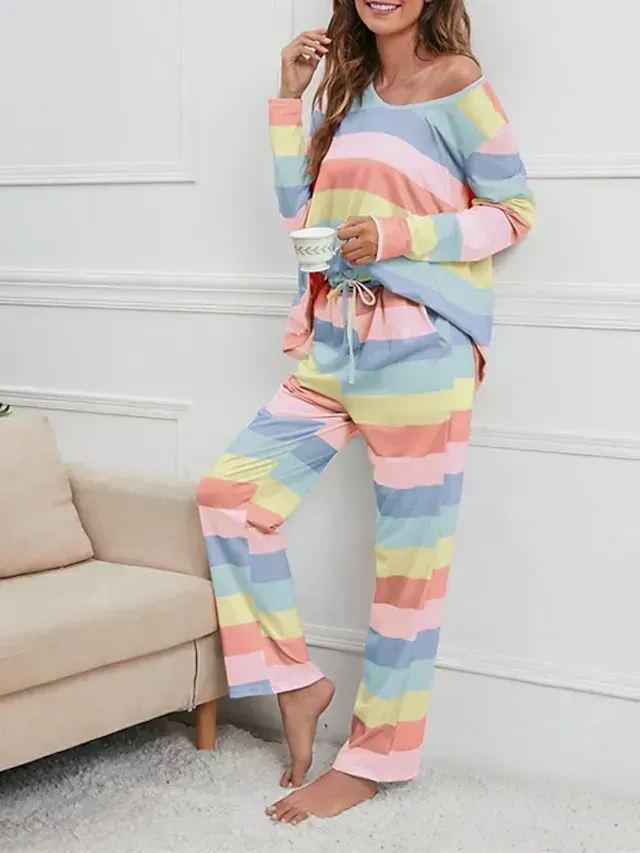 Women's Plus Size Pajamas Sets Nighty Pjs 2 Pieces Rainbow Stripe Fashion Comfort Soft Home Daily Bed Cotton Breathable V Wire Long Sleeve T shirt Tee Pant Fall Spring Blue Yellow