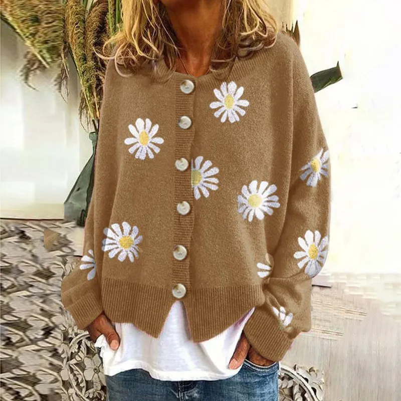 Casual Small Daisy Print Knitted Cardigan