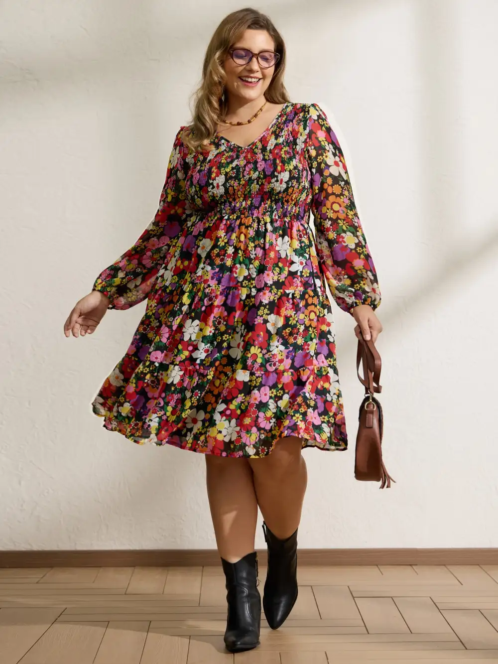 Floral Shirred Pockets Stretchy Waist Midi Dress
