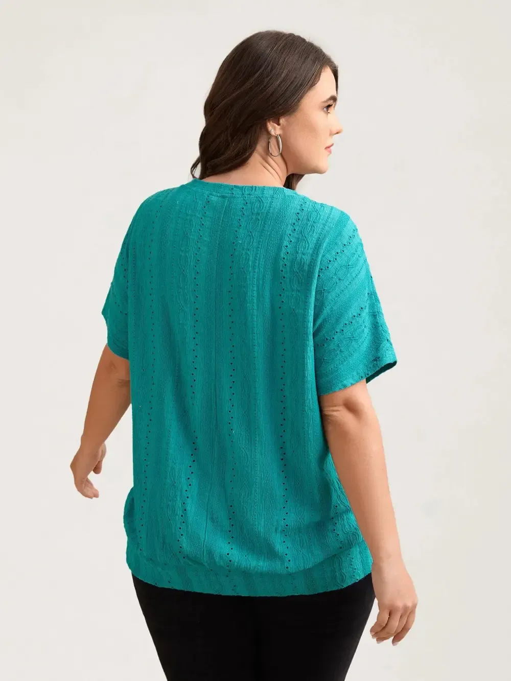 Eyelet Trim Stretchy Textured Plain Top