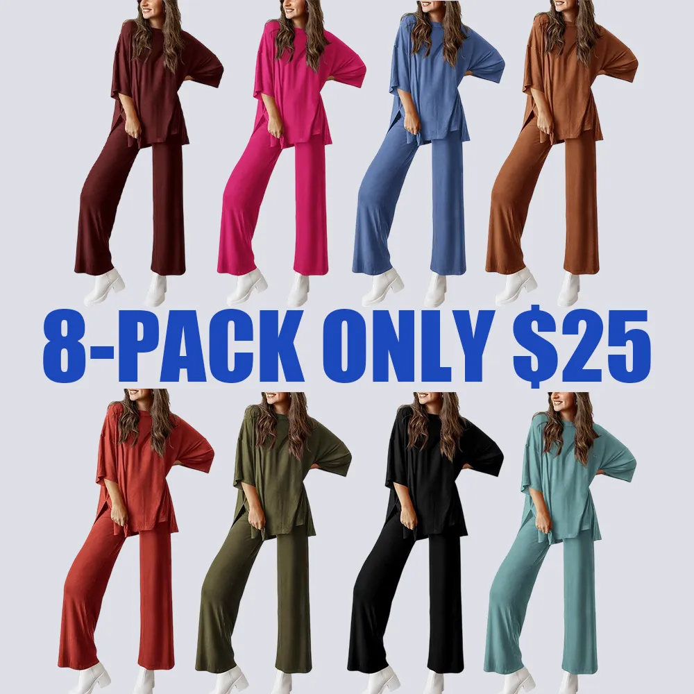 Women's 2-Piece Lounge Set – Short Sleeve Top & Split Hem Wide Leg Pants