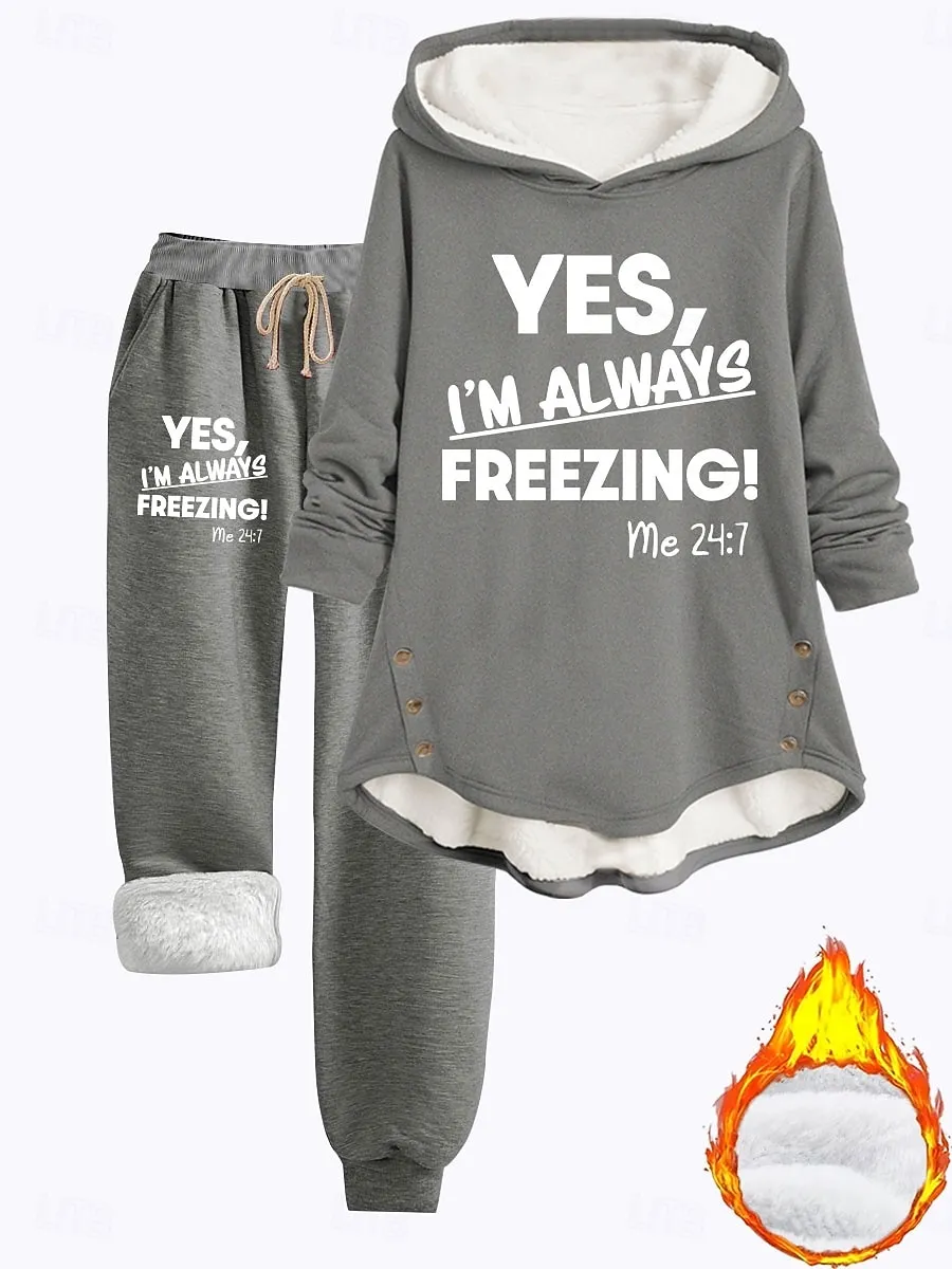 Women's 2 Pieces Loungewear Set Hoodie and Joggers Casual Cold Weather Phrase Print with Fleece Lining Cozy Fit Winter