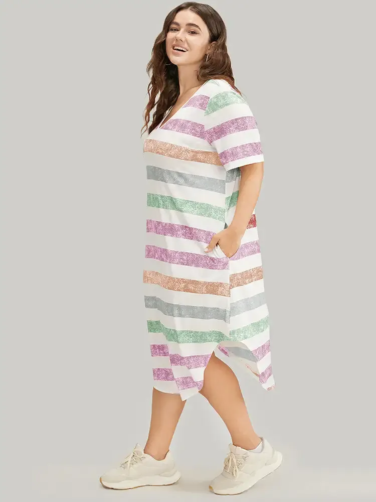 Striped Contrast Arc Hem V Neck Pocket Dress