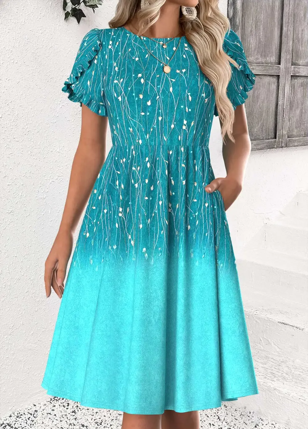 Cyan Ombre Short Sleeve Round Neck Dress