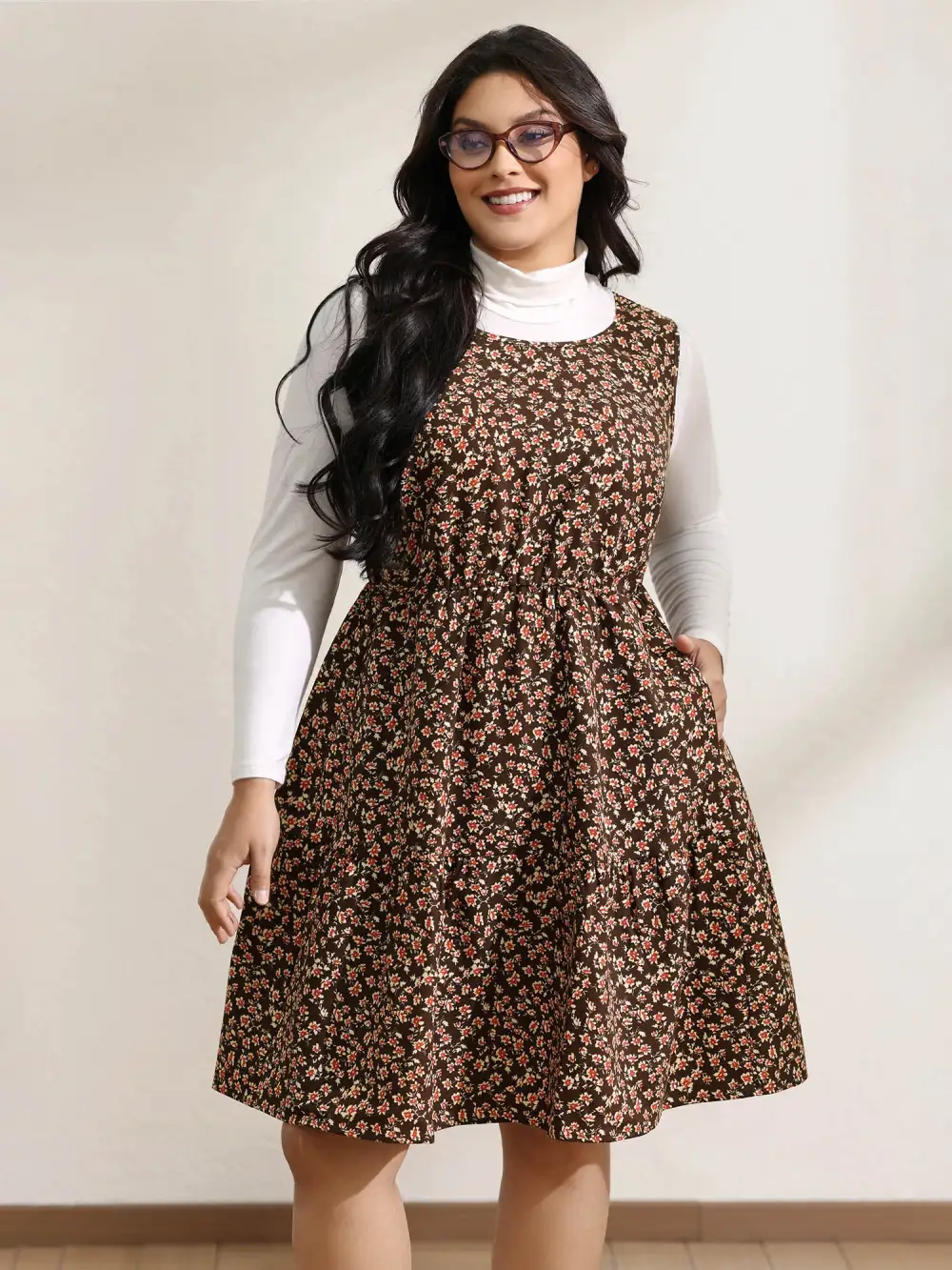 Floral Print Pockets Sleeveless Midi Dress