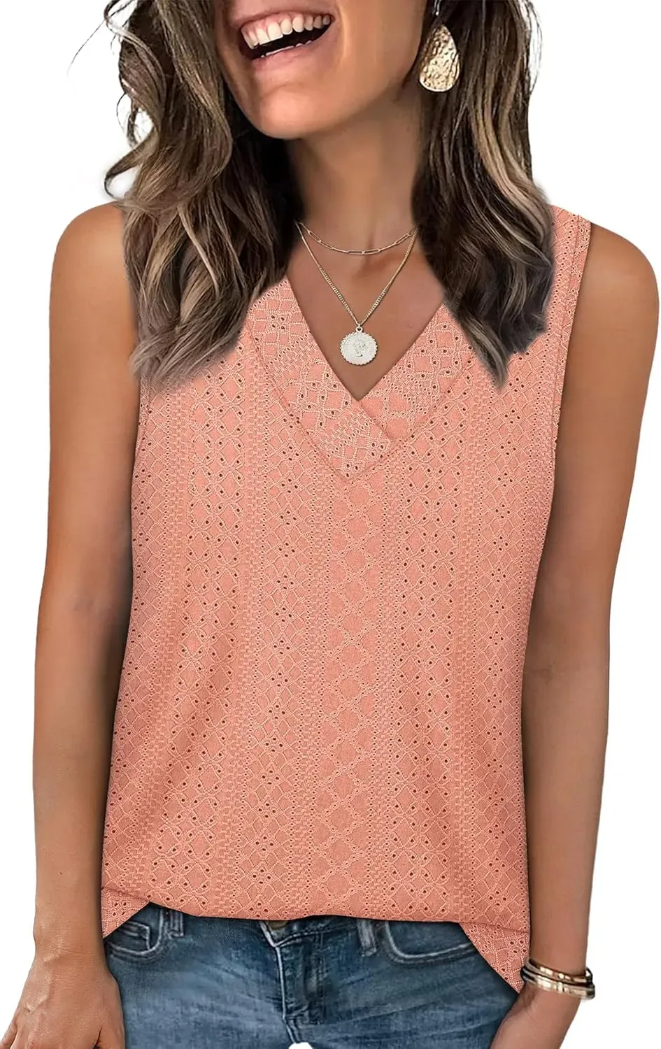 ✨Women Summer Outfits V Neck Tank Trendy Eyelet Sleeveless Basic T Shirts