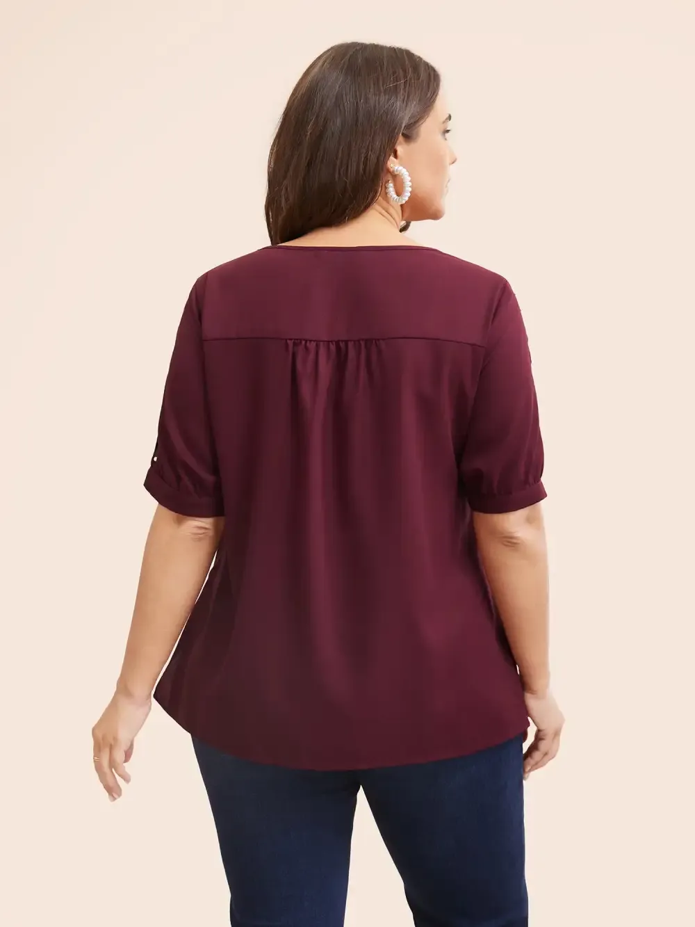 Round Neck Pearl Beaded Cut Out Blouse