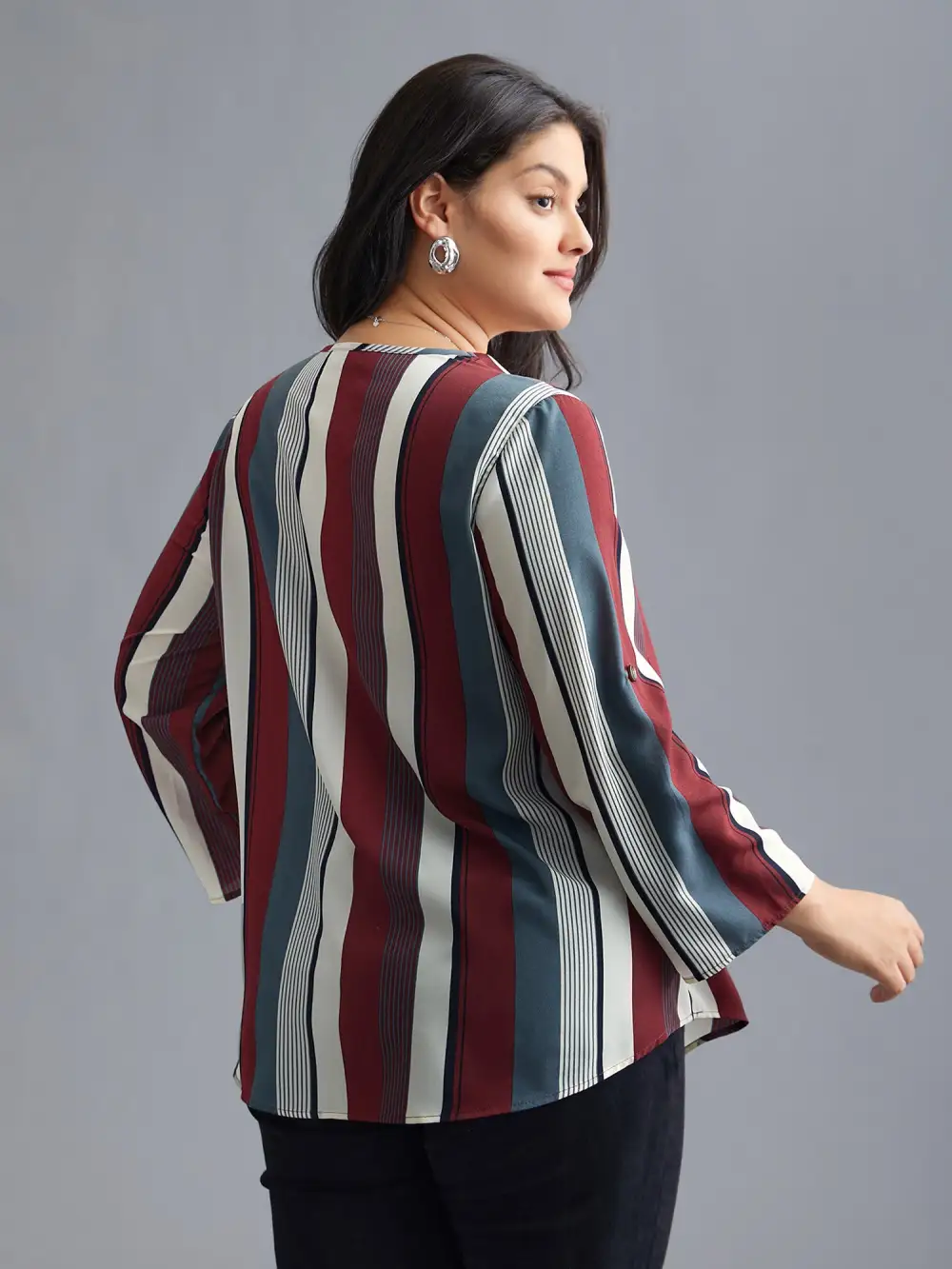 Vertical Striped V-Neck Tab Sleeve Blouse