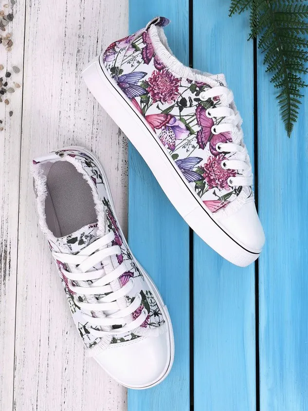 JFN Floral Light Lace Up Canvas Sneakers