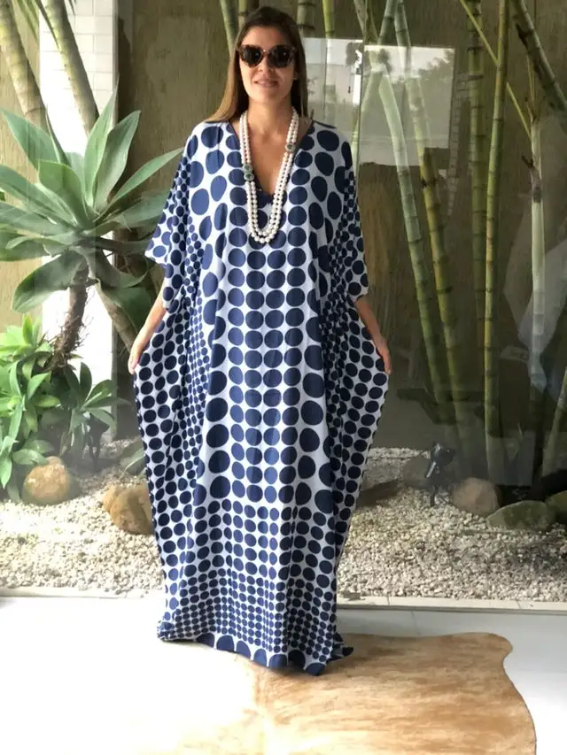 Coco Bella Silk Crepe Mix Kaftan Blue polka