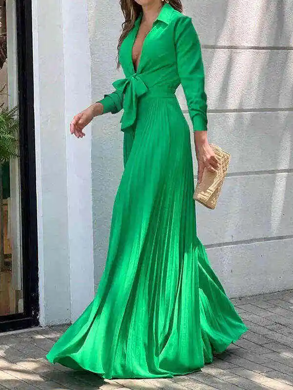Simple Long Sleeves Lace-Up Pleated Solid Color Deep V-Neck Jumpsuits