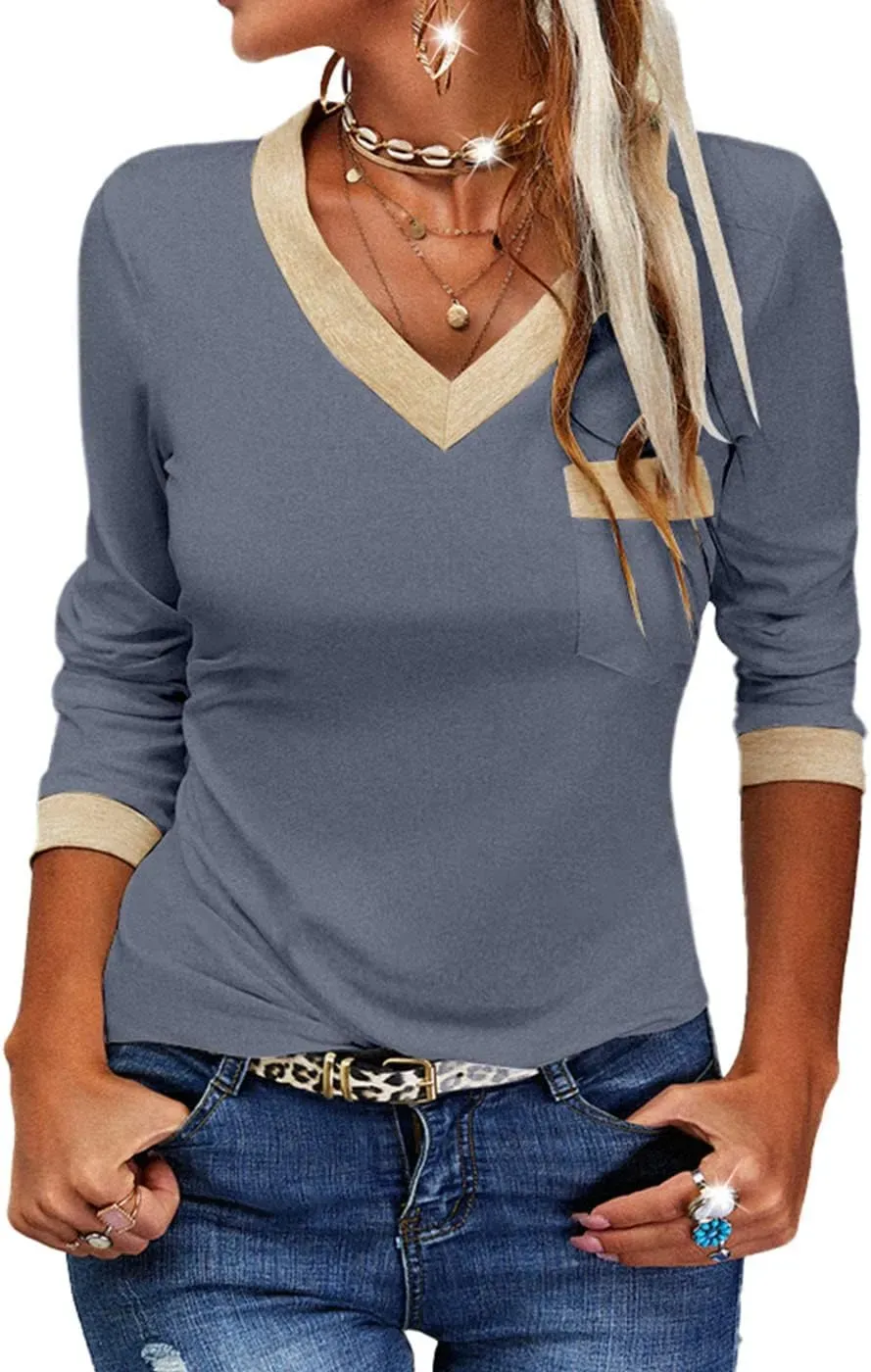 ✨Womens Long Sleeve T Shirts Casual V Neck Color Block Tunic Tops