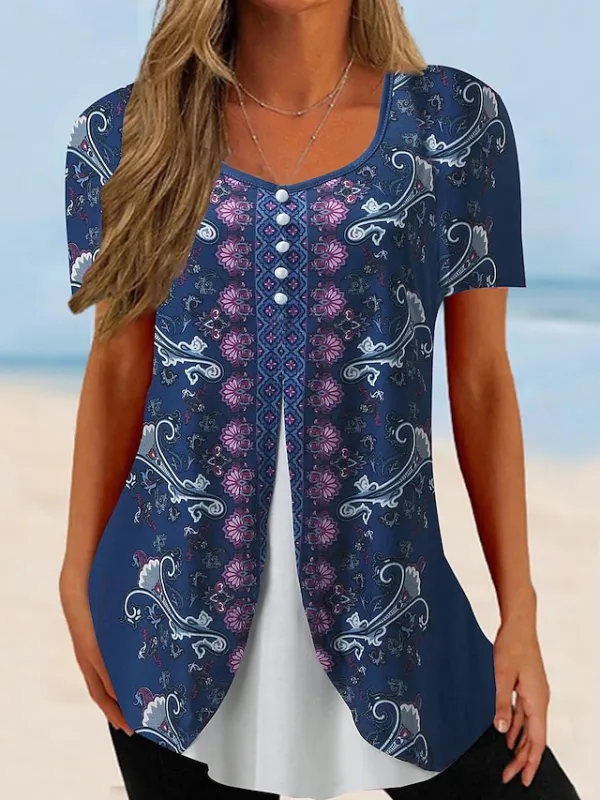 Women's T shirt Tee Floral Holiday Weekend Button Print Pink Short Sleeve Basic Round Neck