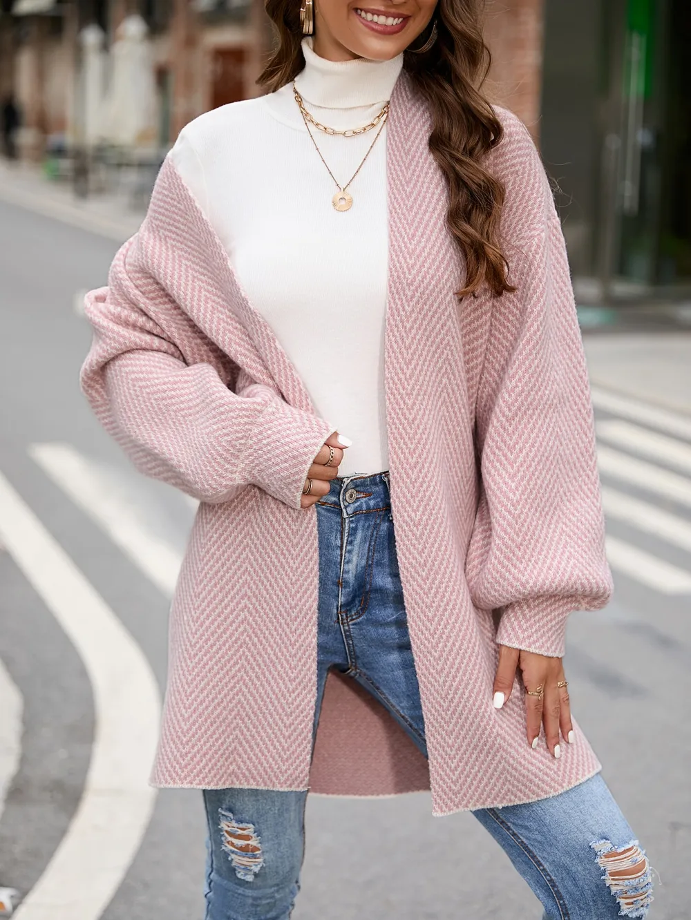 Chevron Pattern Bishop Sleeve Duster Cardigan
