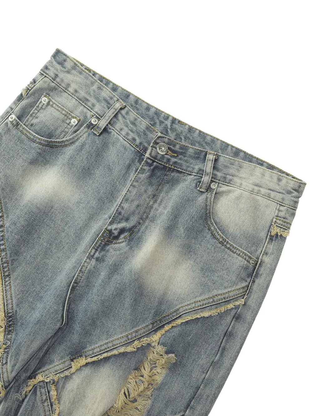 Heavy Washed Ripped Plaid Stitching Hip-Hop Jeans - 2174