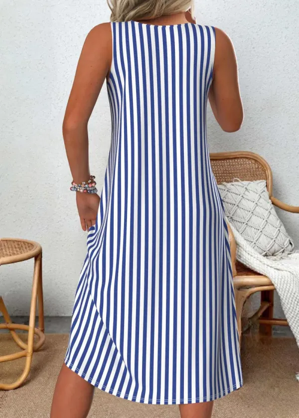 Blue Patchwork Striped A Line Sleeveless V Neck Dress