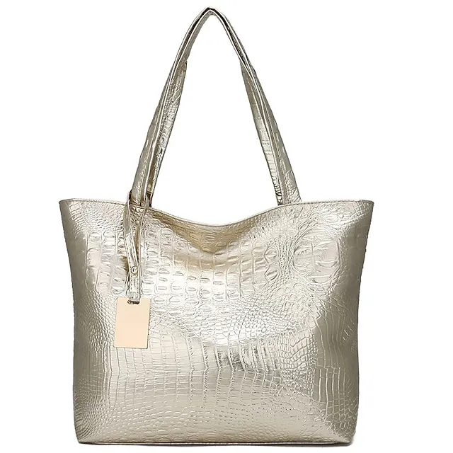 Women's Tote PU Leather Daily Zipper Solid Color Silver Black Gold