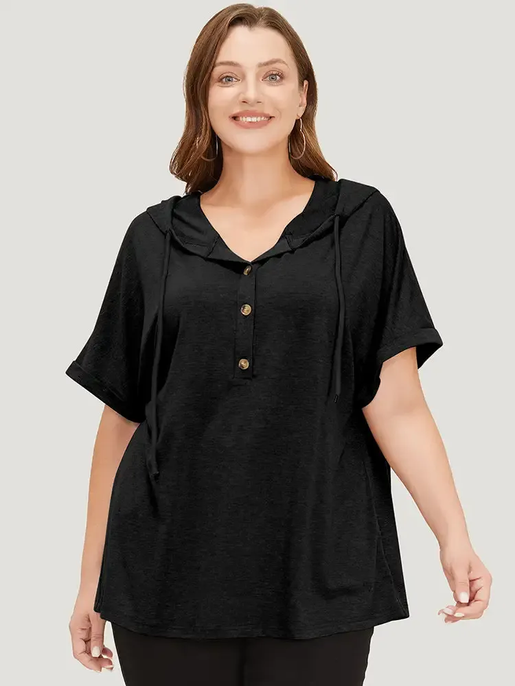 Plain Drawstring Roll Sleeve Button Up Hooded T-shirt