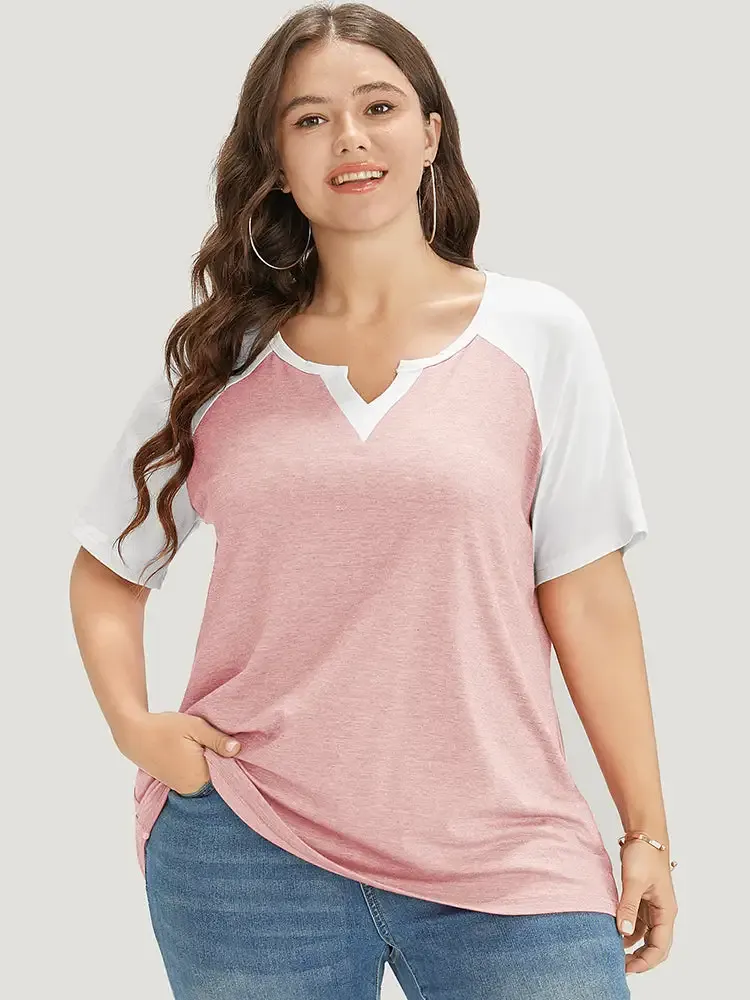 Colorblock Contrast Notched Raglan Sleeve T-shirt