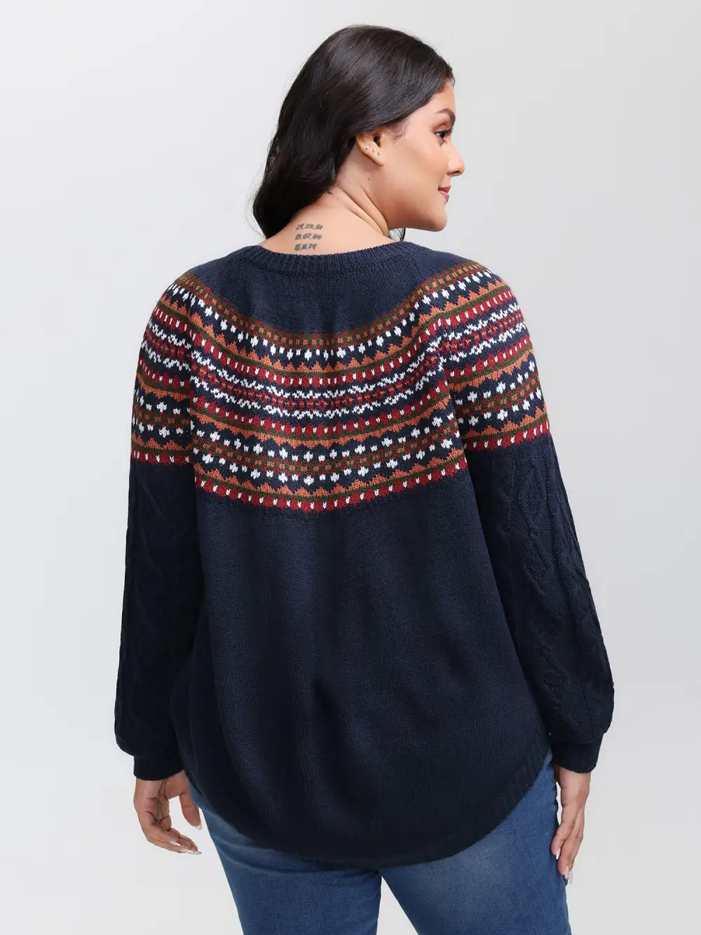 Cable Knit Boho Print Curvy Hem Pullover