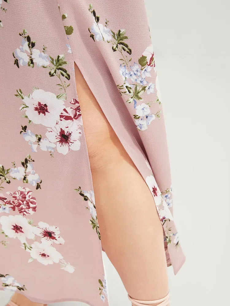 Floral Square Neck Ruffles Pocket Shirred Split Dress