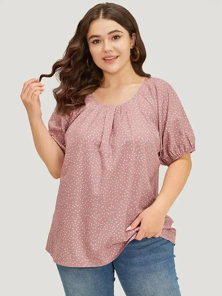 Polka Dot Pleated Round Neck Puff Sleeve Blouse